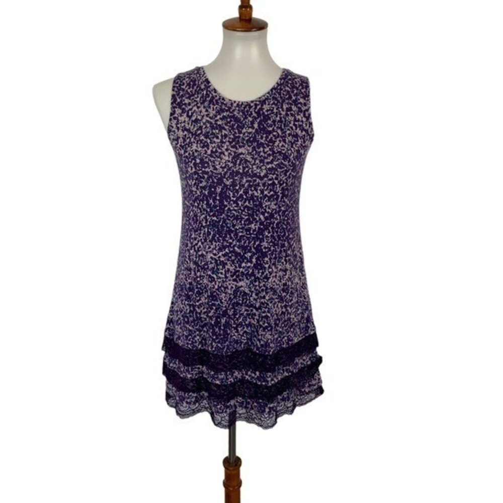 Logo Layers Purple Sleeveless Ruffle Hem Floral Print Mini Dress XS Boho Chic